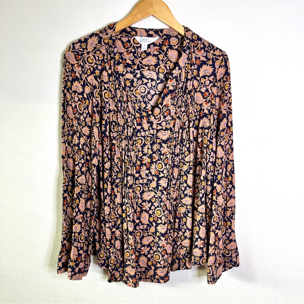 Market & Spruce Floral Blouse Pink Navy sz 2x long sleeve vneck